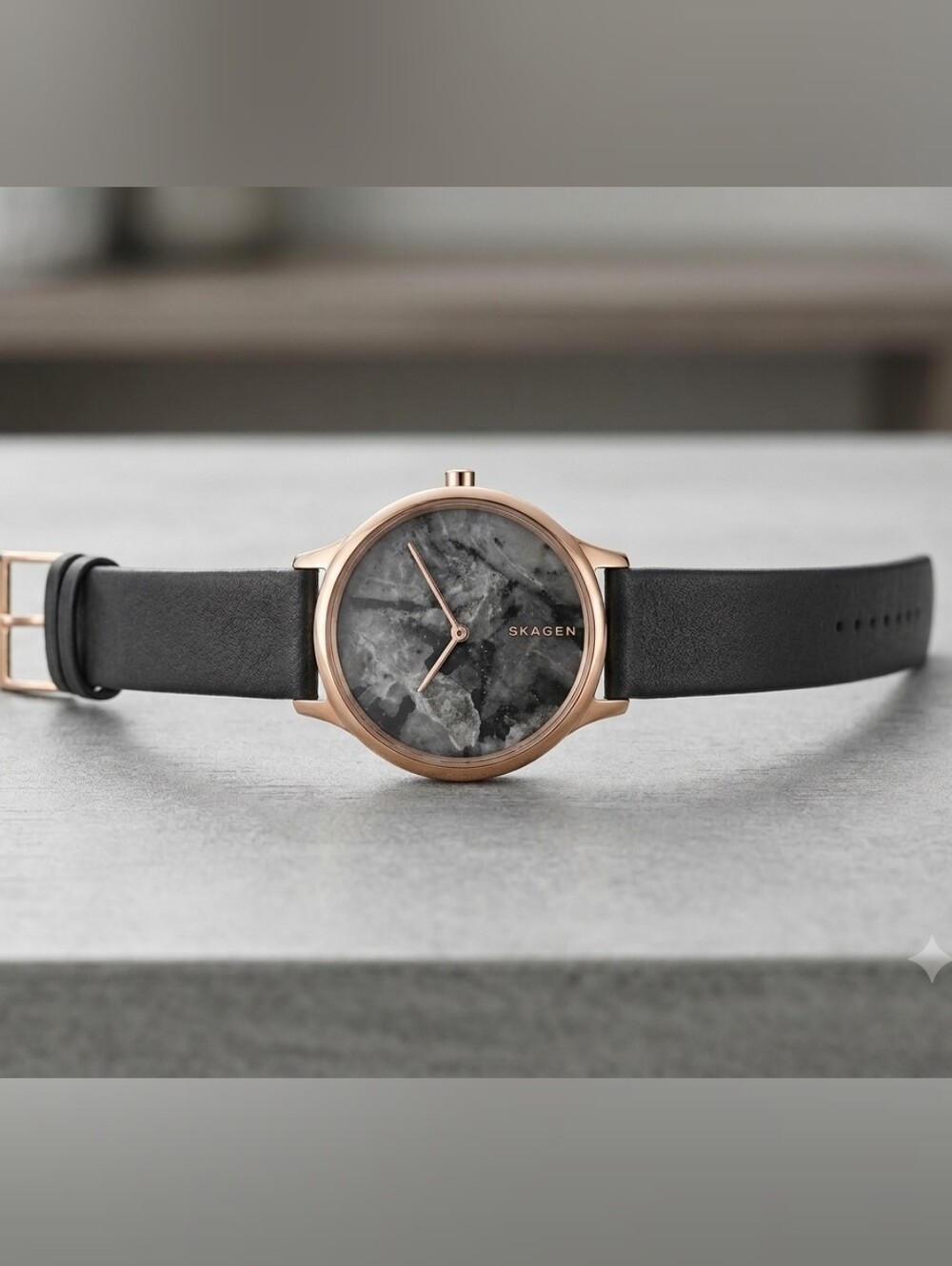 Skagen Rose Gold Case Grey Leather Strap Women's Watch - Black Marble Dial